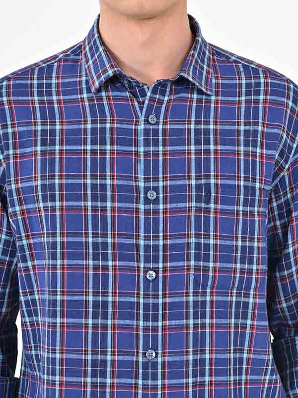 Indian Terrain Men's Regular Fit Full Sleeve Checkered Navy Shirt